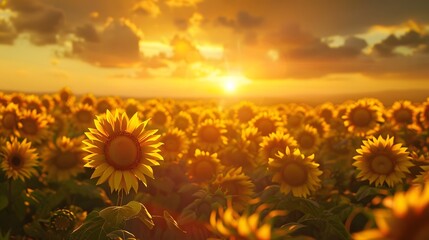 A wide field filled with bright, cheerful sunflowers swaying in the breeze. The sky is a clear blue canvas with fluffy white clouds floating gently by