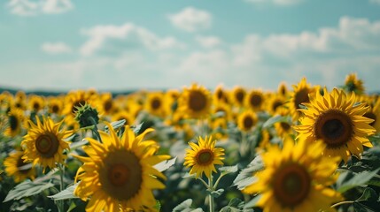 A wide field filled with bright, cheerful sunflowers swaying in the breeze. The sky is a clear blue canvas with fluffy white clouds floating gently by