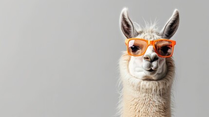Fototapeta premium Portrait of a funny llama wearing orange sunglasses on grey background