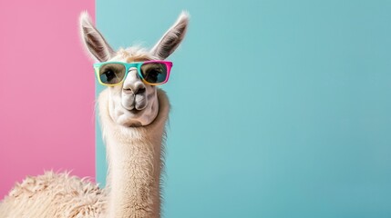 Fototapeta premium Llama wearing sunglasses on pink and blue background with copy space