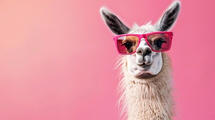 Fototapeta premium Llama wearing pink sunglasses on pink background. Copy space