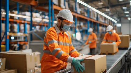 A warehouse worker in orange protective gear examines, packing a box on a conveyor belt. Several other workers are in the background, also checking with boxes