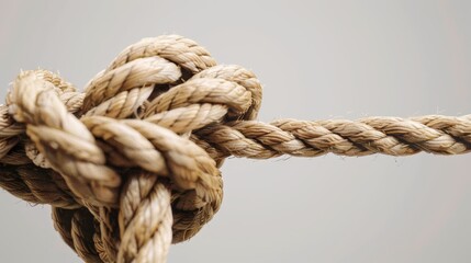 Rope tied to the knot on a gray background. Close-up