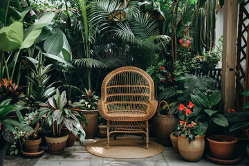 Obraz premium Comfortable wicker seat surrounded by houseplants