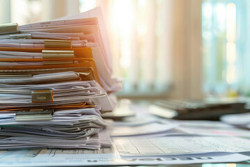 Accounting documents piled up on office desk, empty space for copy, management of documents and information for efficient workflow