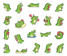Cute crocodile character engaged in different activity. Funny adorable cartoon animal.