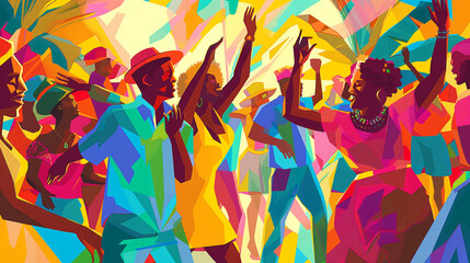 An energetic Juneteenth Freedom Day celebration with lively music, spirited dancing, and joyful laughter filling the air, as people of all ages come together to commemorate 