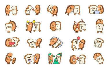 Funny couple bread cartoon characters. Cute kawaii bakery friends.