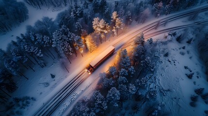 A white truck traverses a highway, transporting cargo amidst a wintry landscape, as captured from an aerial view by a drone