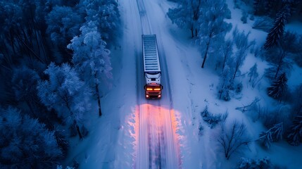 A white truck traverses a highway, transporting cargo amidst a wintry landscape, as captured from an aerial view by a drone