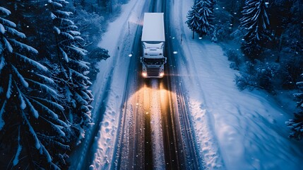 A white truck traverses a highway, transporting cargo amidst a wintry landscape, as captured from an aerial view by a drone