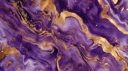 Abstract purple and gold marble background with fluid swirls of liquid paint, creating an elegant luxury wallpaper design