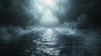 A dark, stormy ocean with a bright light shining through the clouds