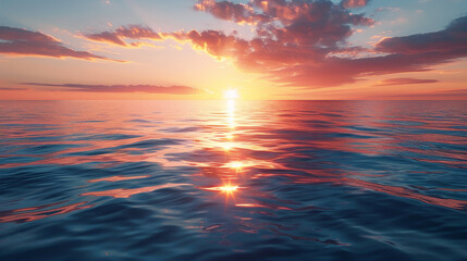 The sun is setting over the ocean, casting a warm glow on the water