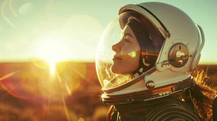 Female Astronaut Gazing into Sunset. Generative ai.