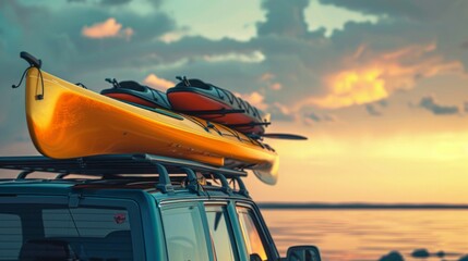 Kayaks Ready for Adventure: Transported on Cars Through Diverse Landscapes. Generative ai.