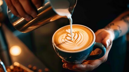 Barista Crafting a Perfect Latte Art. Generative ai