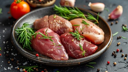 pieces of raw meat on a black plate