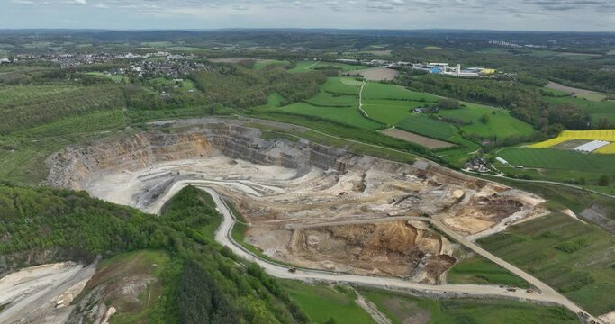 Quarry Rutzkausen, Wulfrather limestone region, Rutzkauser saddle, Rheinkalk, Velbert, Ruhr area, Rutzkausen quarry, Wulfrather Kalkgebiet, Rutzkause. Aerial drone view.