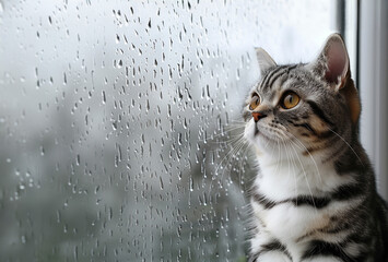窓ガラス越しに梅雨の雨空を見つめるかわいいアメリカンショートヘアー
