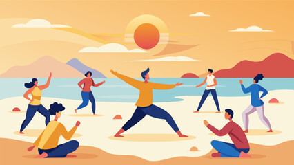 Obraz premium As the sun peeks over the horizon a group of people gather on the shore to practice Tai Chi their bodies in sync with the ebb and flow of the tide.. Vector illustration