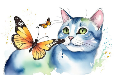 Beautiful butterflies fly around the cat on a summer day. Watercolor drawing on a white background