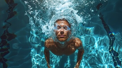 Close-up of a man swimming in the pool, aerial top view of male swimmer swimming in the pool. Use the Butterfly Technique to train professional and determined athletes for championships. Top view shot