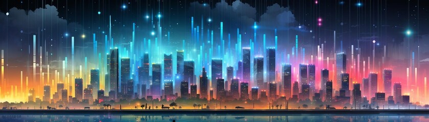 Create an abstract painting of a cityscape at night. The painting should be full of vibrant colors and energy. The city should be depicted as a place of excitement and opportunity.