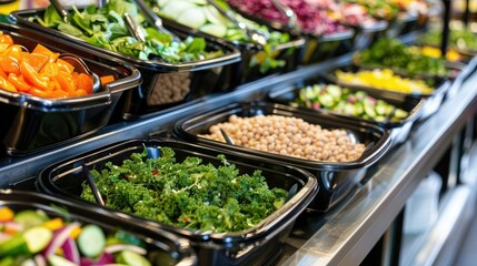 A vibrant salad bar with an assortment of fresh greens, colorful vegetables, and protein-rich toppings, offering a healthy and satisfying meal option.