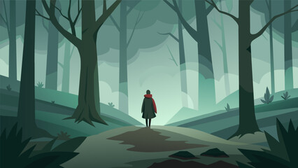 A solitary figure walks through the mistcovered trees lost in the labyrinth of their own philosophical thoughts.. Vector illustration