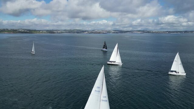 Brixham, South Devon, England: DRONE VIEWS: Yachts gather to take part in the annual Brixham to Dartmouth yacht race. Torbay is a popular UK tourist destination and magnet for sailing enthusiasts (4).