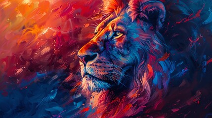 Capture the intensity of a lions gaze in fiery hues using acrylic paints Show intricate details of its mane under a dramatic split-lighting effect for a powerful impact