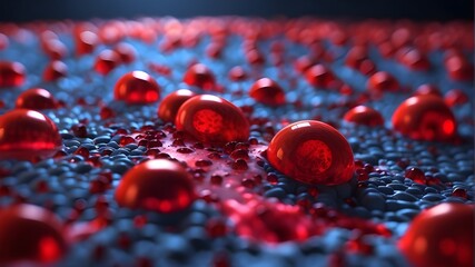 a depth-of-field 3D representation of red blood cells in a vein An artificial intelligence (3D) depiction of a blood artery with blood cells moving in a single direction