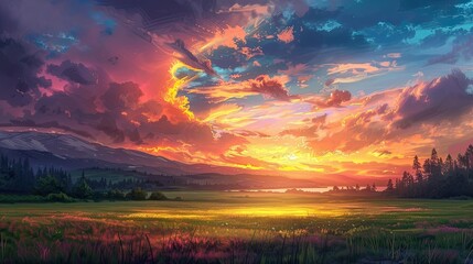A vibrant sunset casting a warm glow over a tranquil countryside, a painting come to life in the...