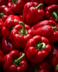 A close-up image of a pile of red bell peppers