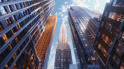 Capture the towering skyscrapers in a photorealistic digital rendering from a worms-eye view, showcasing their magnificent height and grandeur