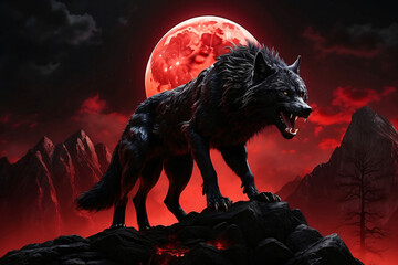 Fantasy of a wolf roaring at a red moon on a mountain