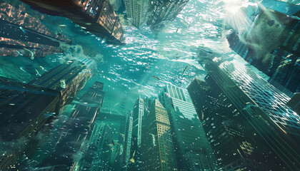 a submerged cyberpunk city with towering skyscrapers casting long shadows under the sparkling ocean surface, captured at an unexpected angle