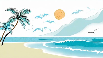 Obraz premium 夏の香り、海の風、心地よい暑さ、自然のシルエットをシンプルに絵具で表現する generated by AI