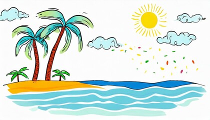 Fototapeta na wymiar 夏の香り、海の風、心地よい暑さ、自然のシルエットをシンプルに絵具で表現する generated by AI
