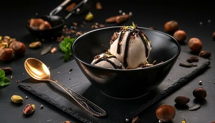 Indulgent Treat: Delicious Ice Cream in a Stylish Black Bowl"