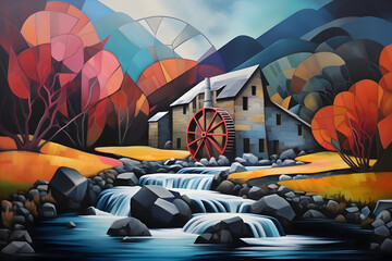 hopeful mountain watermill. abstract landscape art, painting background, wallpaper