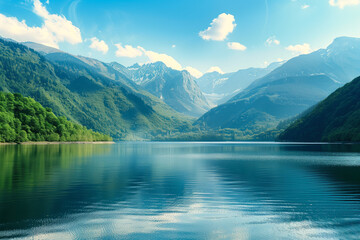 Obraz premium Tranquil mountain lake with lush green forests and snow-capped peaks under a clear blue sky.