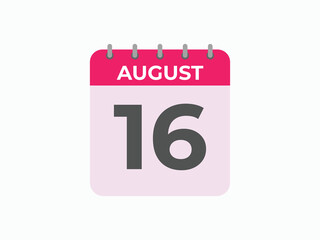 August 16 calendar reminder. 16 August daily calendar icon template. Calendar 16 August icon Design template. Vector illustration
