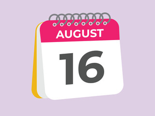 August 16 calendar reminder. 16 August daily calendar icon template. Calendar 16 August icon Design template. Vector illustration
