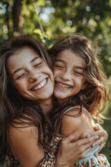 Fototapeta premium Overjoyed smiling mother and daughter or younger and older sister huging and laughing in the park. High quality photo