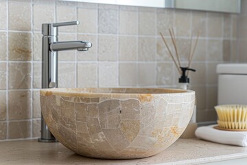 round stone sink and faucet in beige tones and natural materials in the bathroom, fragment of interior design