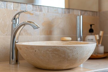 round stone sink and faucet in beige tones and natural materials in the bathroom, fragment of interior design