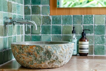 round stone sink and faucet on a background of green tiles in the bathroom, fragment of bathroom interior design