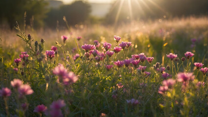 Sunlit Wildflower Haven, Summer Meadow Awash in Pink Wildflowers, Bathed in Morning Sunlight.